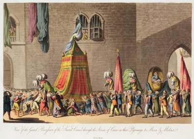 Vue de la grande procession du chameau sacré dans les rues du Caire lors de leur pèlerinage à La Mecque et Médine, pub. 1822 - Cooper Willyams